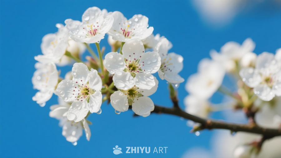 雨后梨花，特写，蓝天背景 2