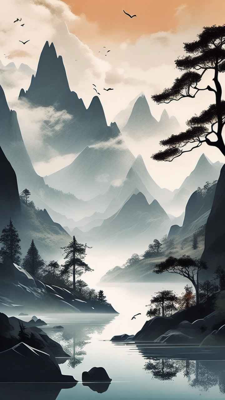 国风水彩画山水风景插画 116