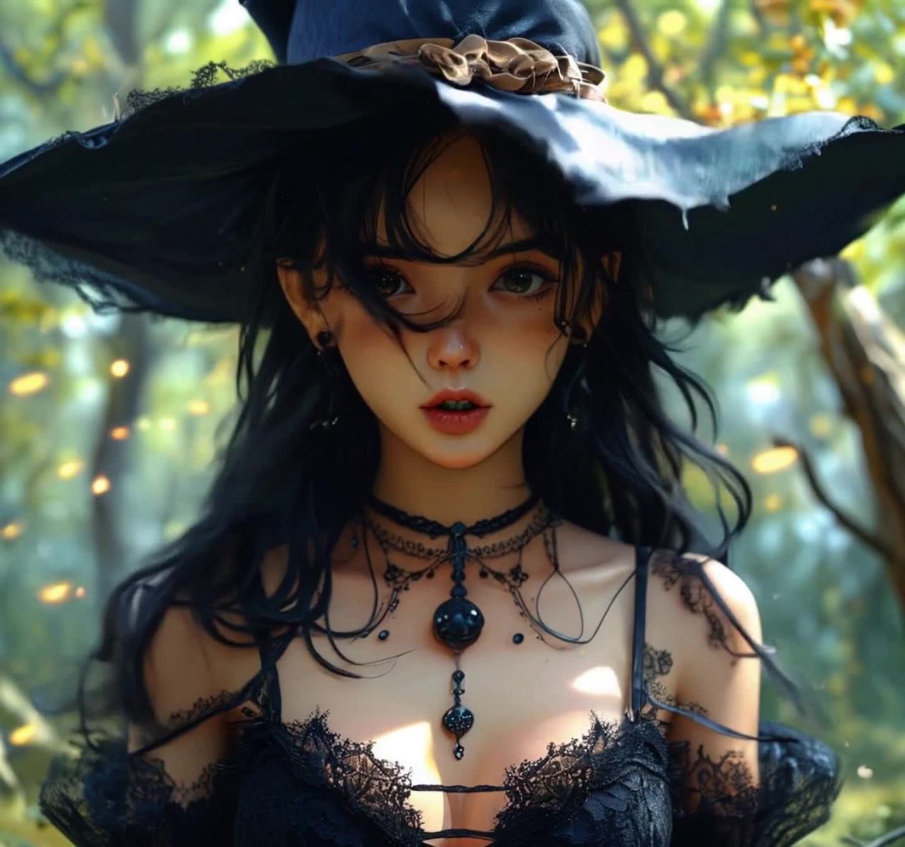戴黑色巫师帽的哥特风美女在森林里