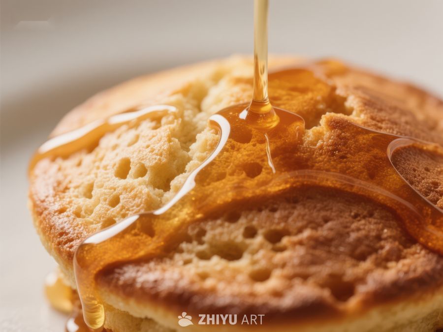 蜂蜜缓缓浇在金黄松饼上