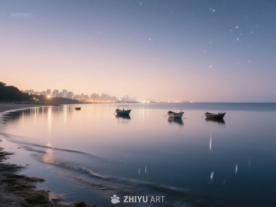 宁静夜景：海边停泊的小船 56