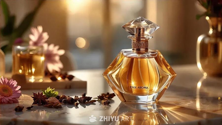 一瓶 Enix Aroma 奢华香水瓶，闪烁着荧光