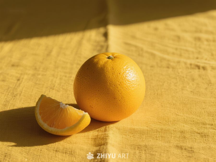 橙子与切片在黄色布上的光影 59