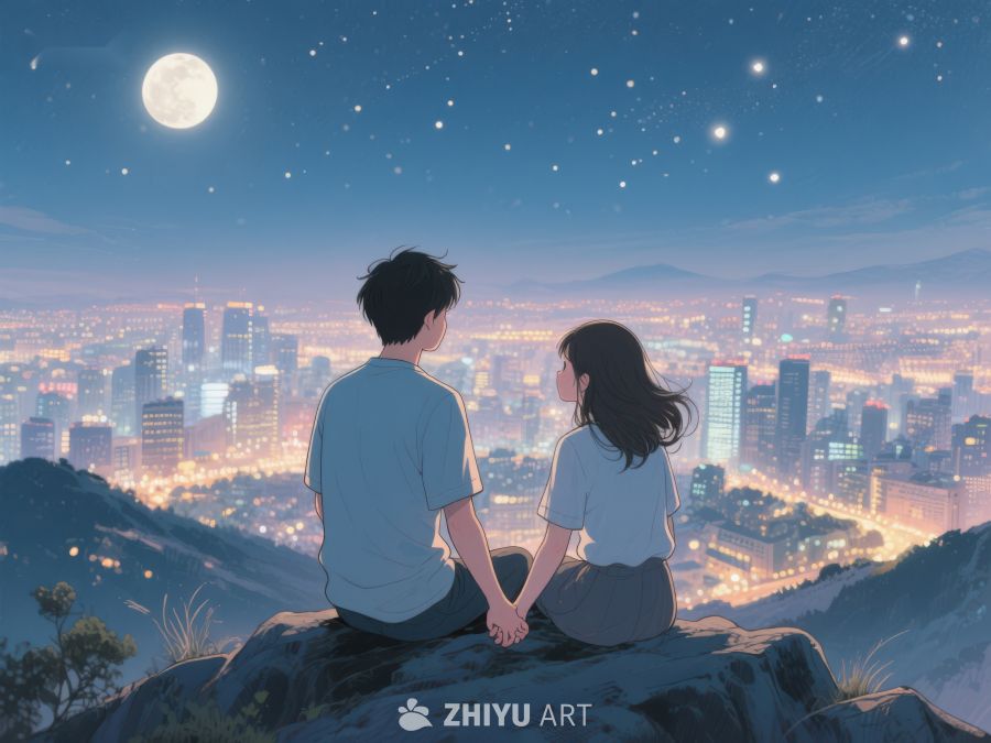 月下情侣俯瞰城市夜景 1138