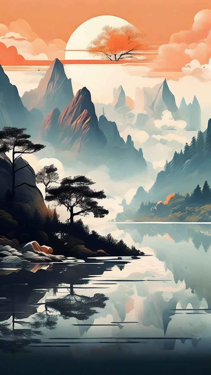 国风水彩画山水风景插画 86