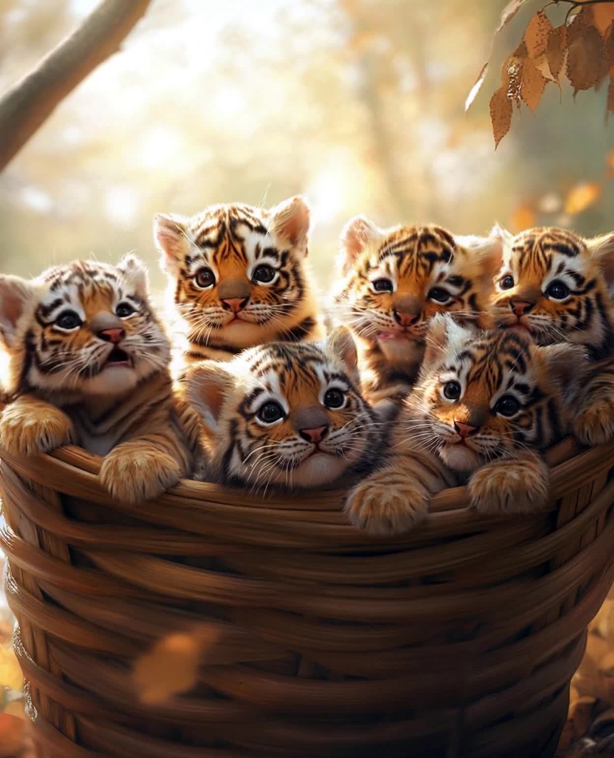 篮子中，有六只虎崽探出头来。虎崽们毛发呈现橘黄色和