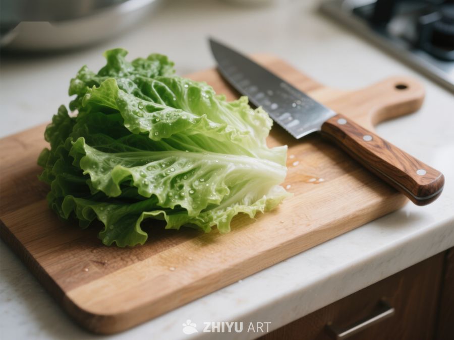 生菜与刀具置于砧板上 357