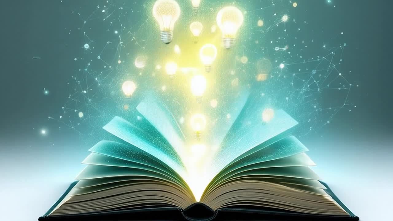 一本打开的书，书页间散发着光芒，一些灯泡状的物体向