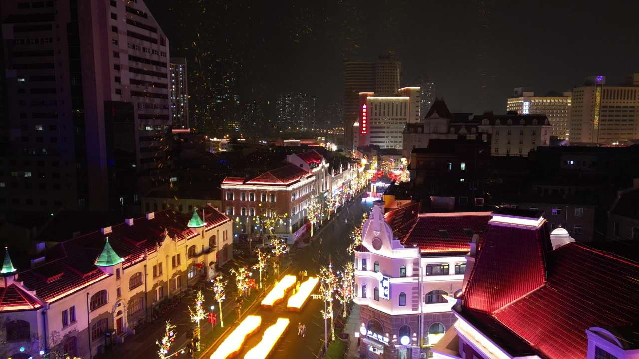 青岛老城区夜景中山路雪景航拍 12