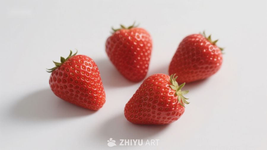 四颗新鲜草莓静置展示