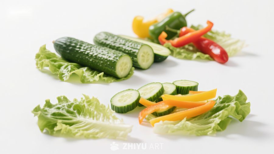 新鲜蔬菜组合：黄瓜、彩椒与生菜