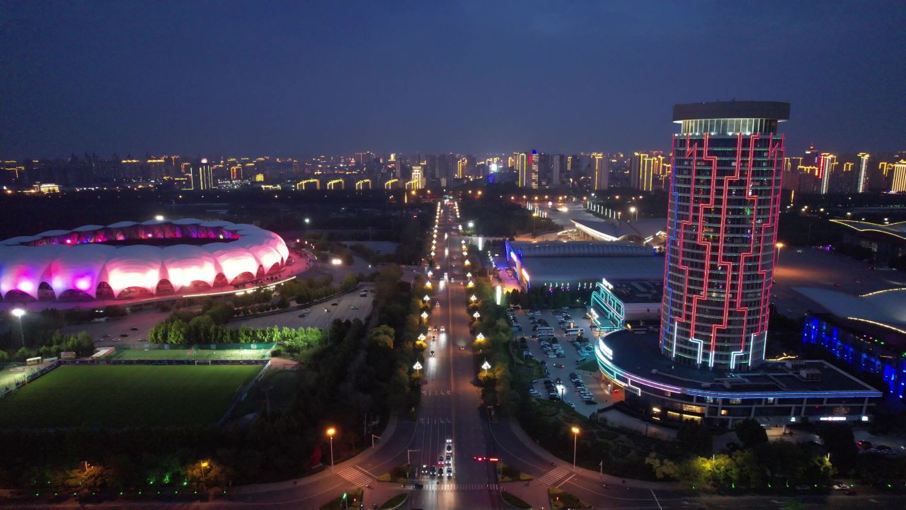 河北沧州城市夜景灯光航拍