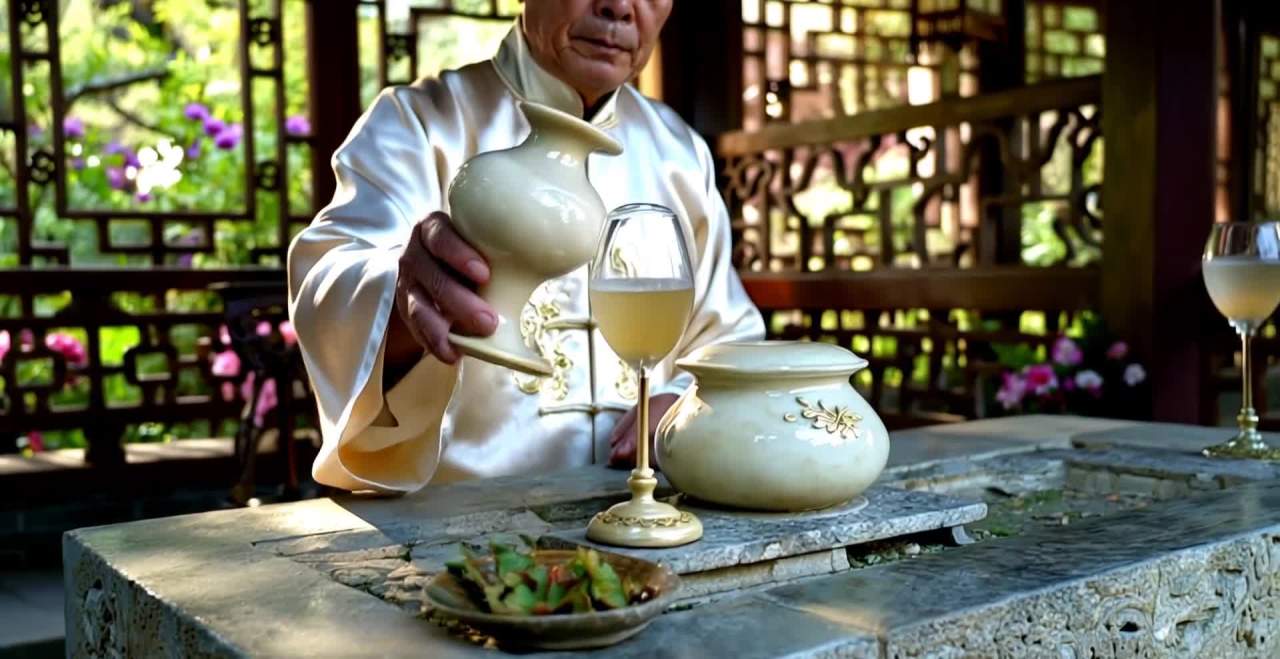中式亭园：长袍人倾酒赏景品茗