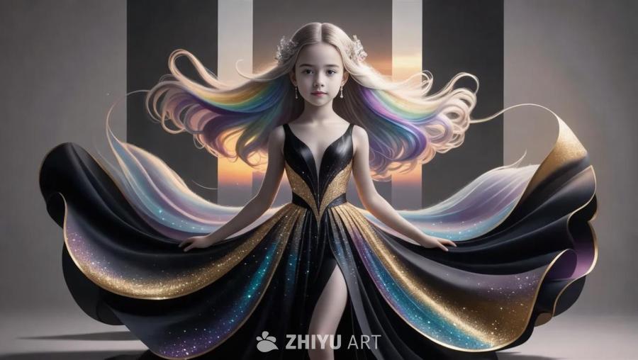 一位大约14岁的少女，头发上有着淡淡的彩虹高光，像