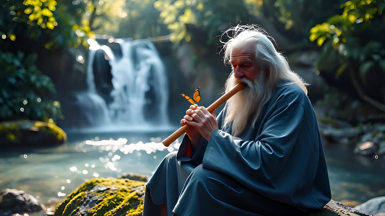 一位长着白色长发和胡须的老人坐在长满苔藓的岩石上，