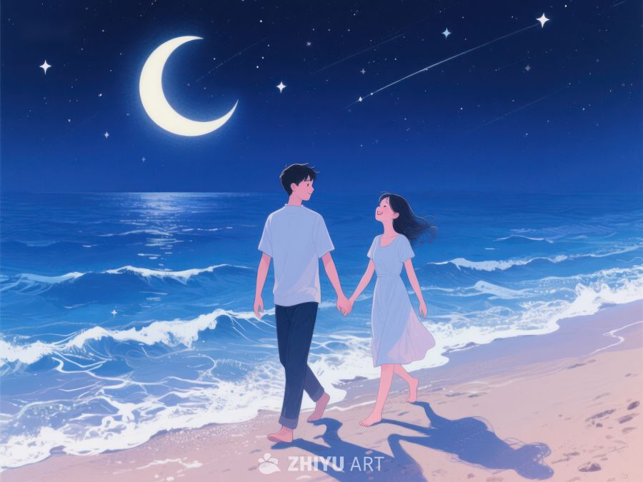 夜空下情侣海边漫步 1002