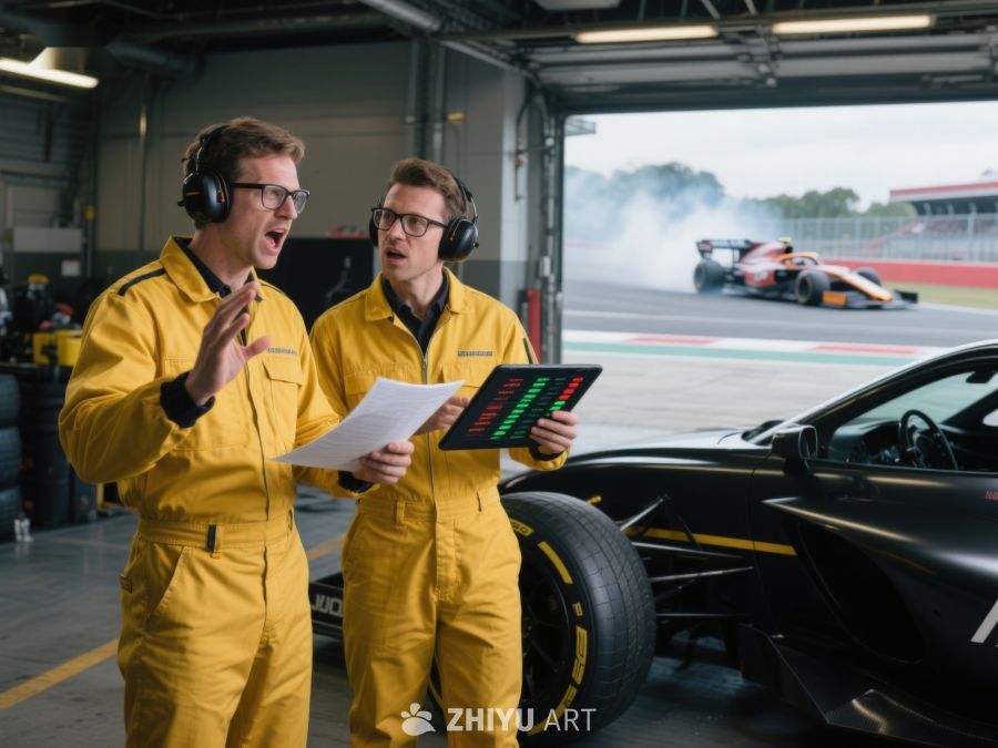 赛车手与技师在车库分析数据 301