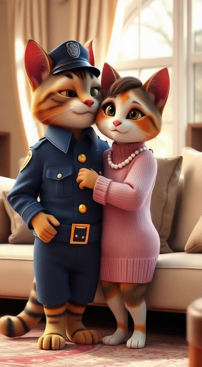 一只穿着海军蓝警服（带有金色纽扣、闪亮徽章和黑色腰