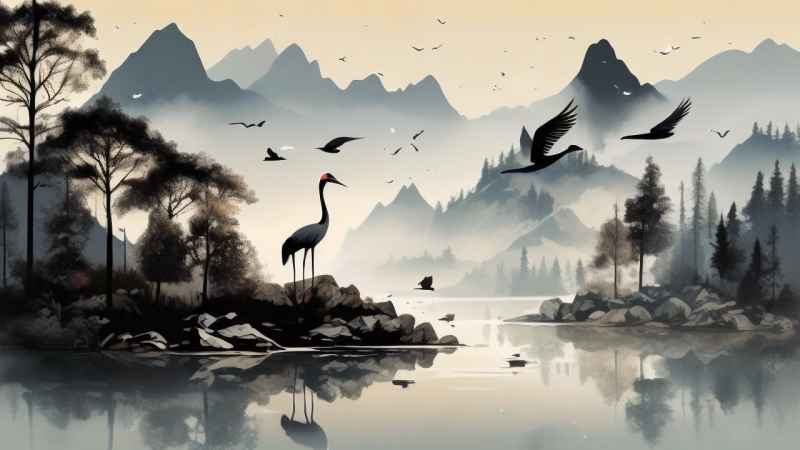 国风山水鹤插画背景 16