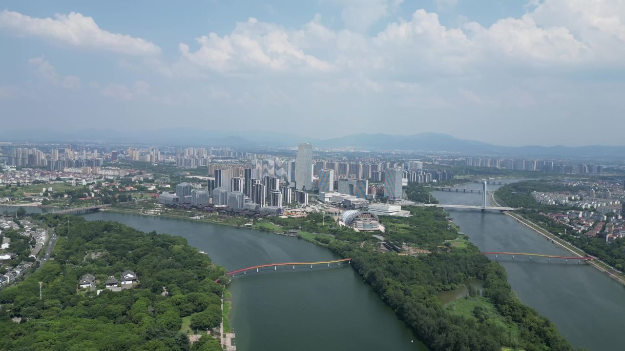 航拍金华江北金华燕尾洲公园