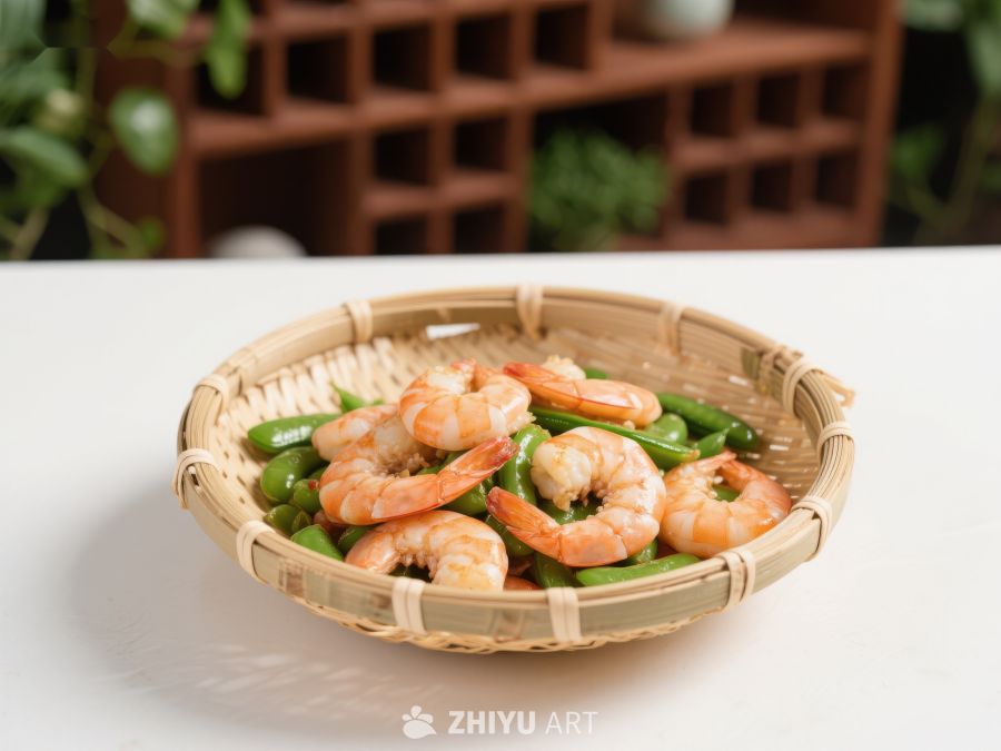 竹篮盛装的虾仁与青豆 1170