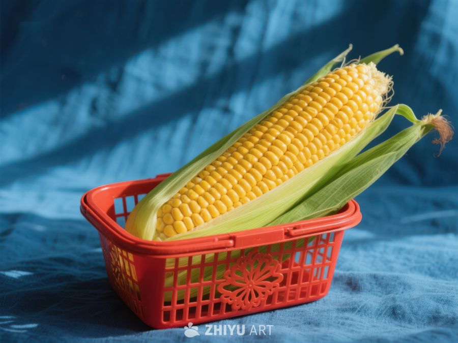 新鲜玉米置于红色购物篮中 355