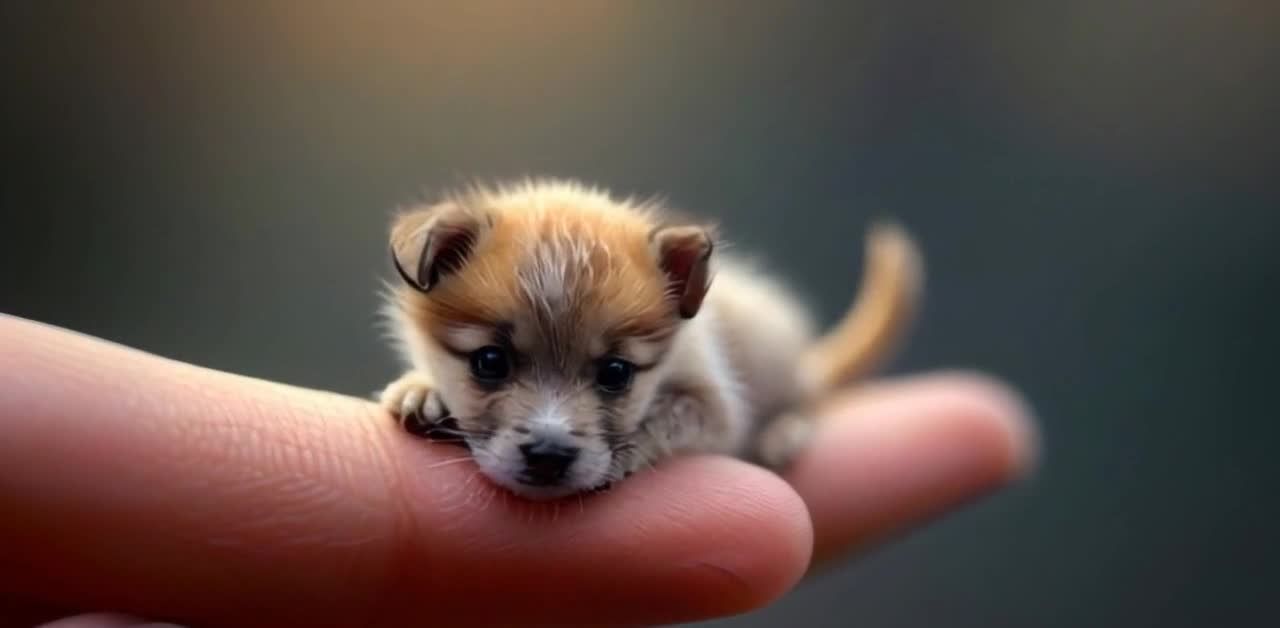 指尖上的棕白色蓬松幼犬特写