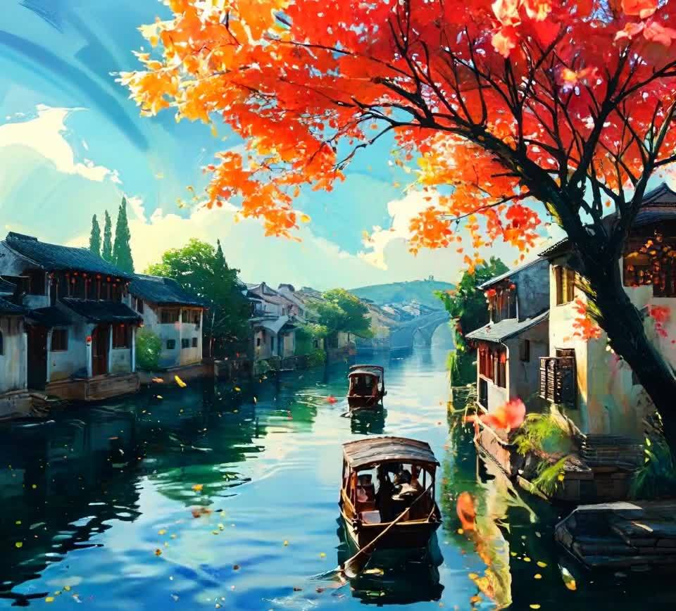 一条河流蜿蜒穿过古镇，河水清澈，倒映着两岸的建筑和