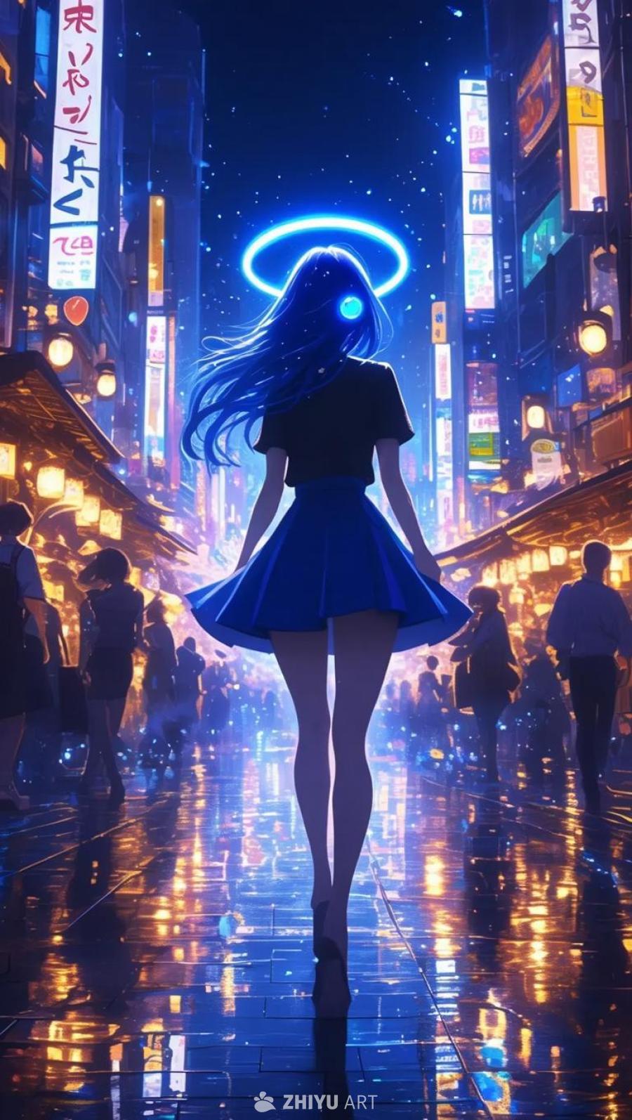 夜晚的日本街头，灯光璀璨。一个有着深蓝色头发和蓝色
