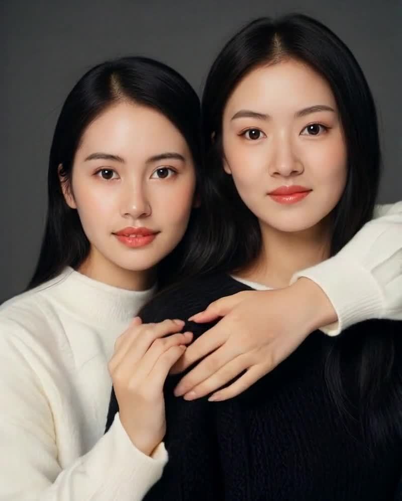 两名年轻女性紧靠站立。其中一位穿着白色毛衣，另一位