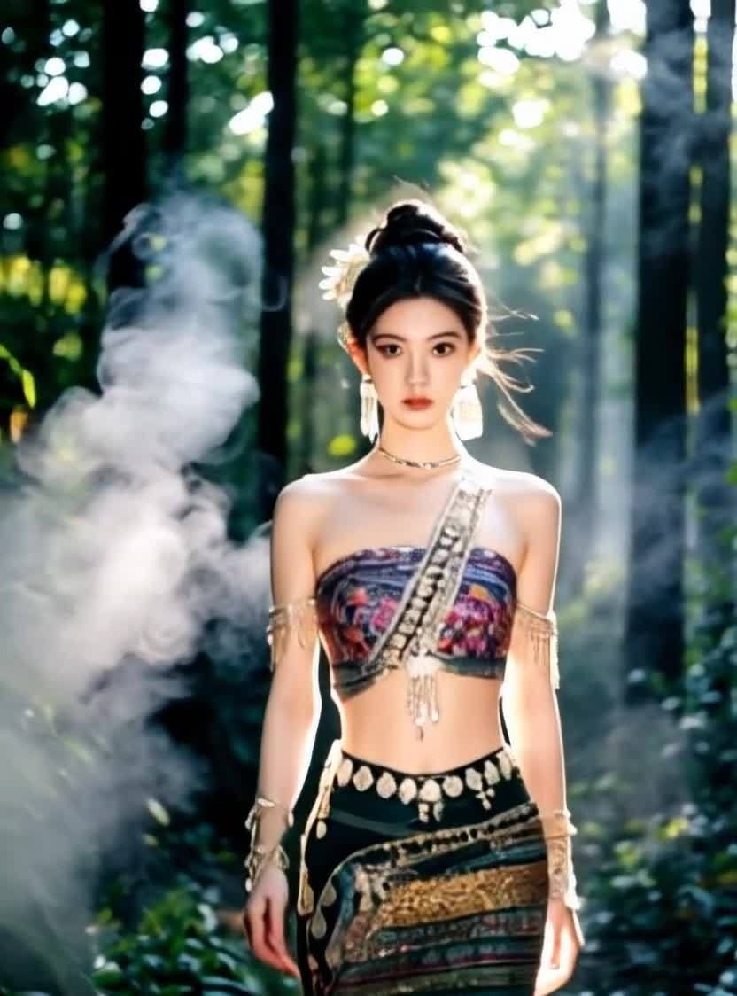 一名年轻女子站在一片树林中，她身穿一件色彩鲜艳的传