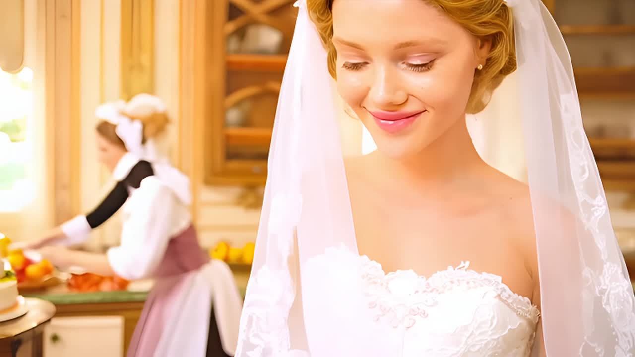 一位金发新娘穿着白色婚纱，带有精致的刺绣，站在一个