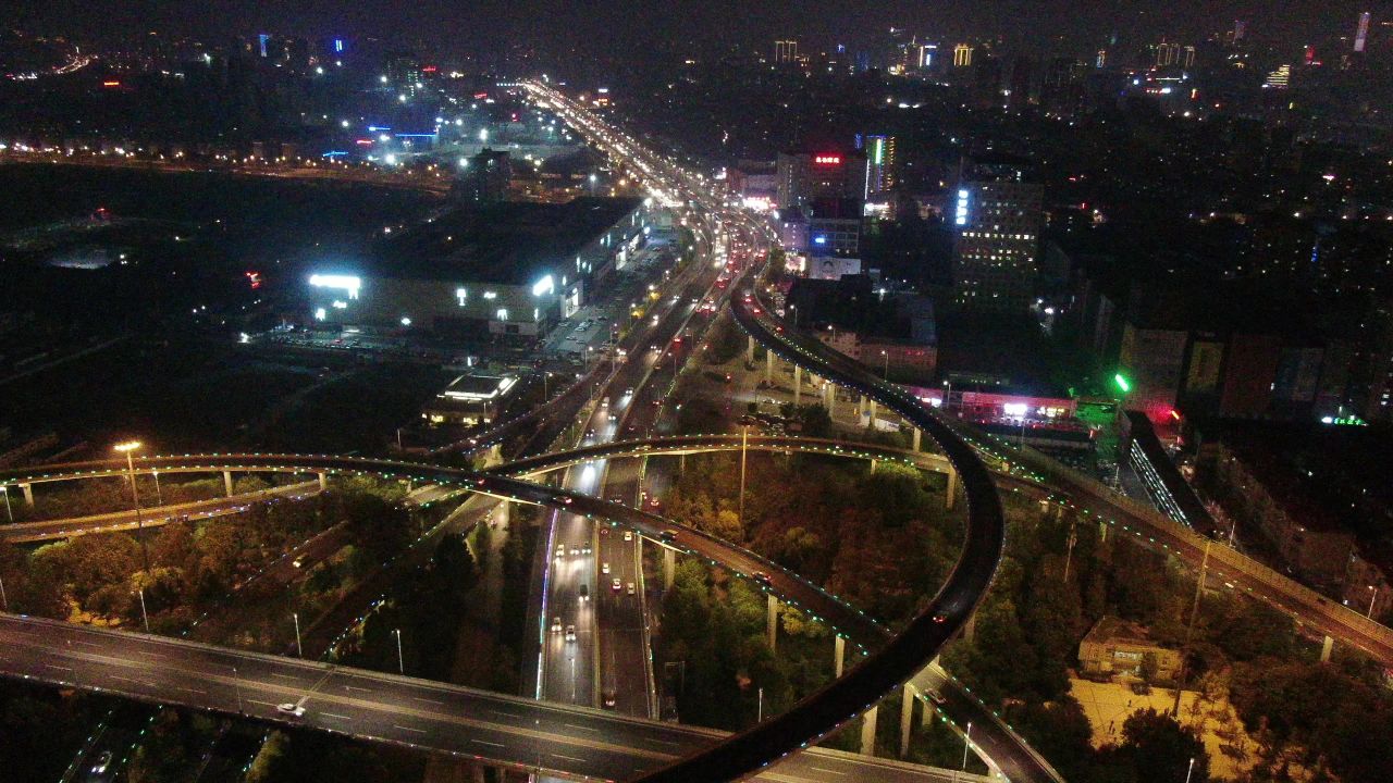 航拍济南顺河路高架桥夜景交通