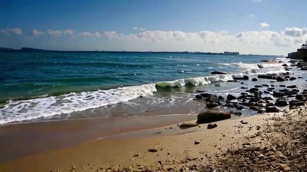 沙滩上有海浪拍打，海水呈现深蓝色，远处可见山脉，天