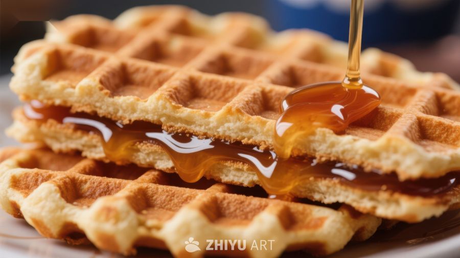 热腾腾的华夫饼淋上蜂蜜