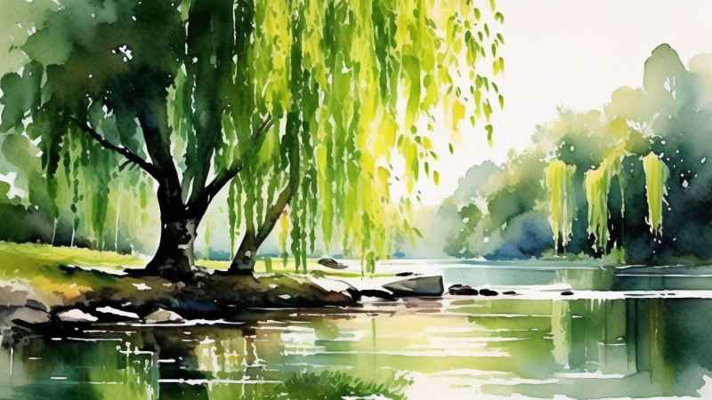 河边柳树插画风景图 37