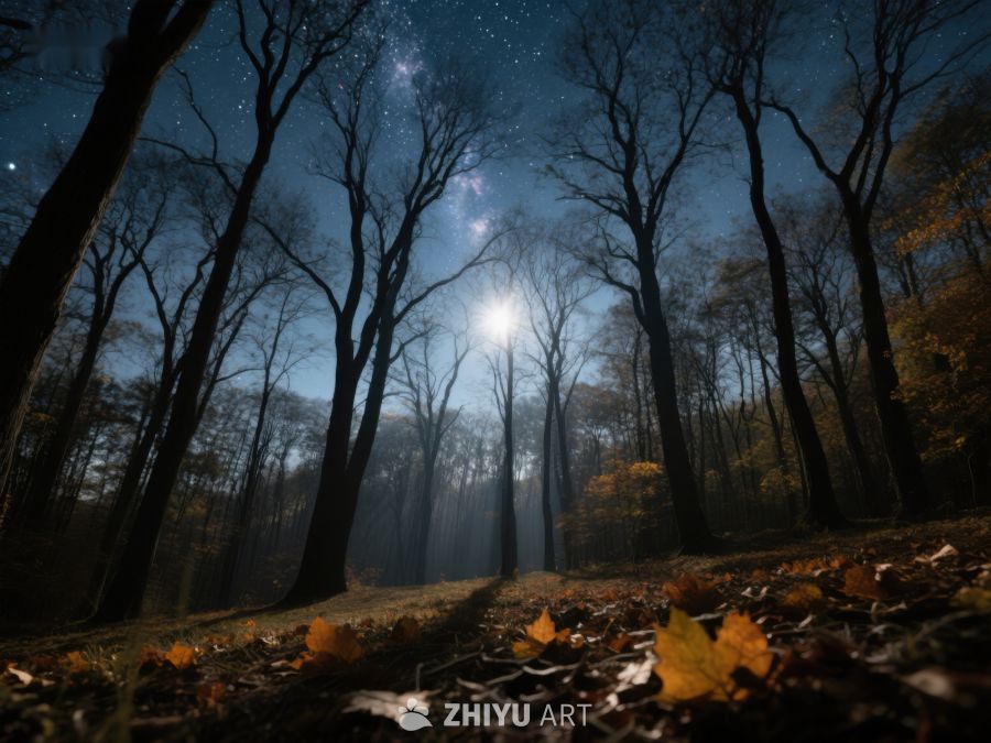 夜幕森林，星光与落叶 469