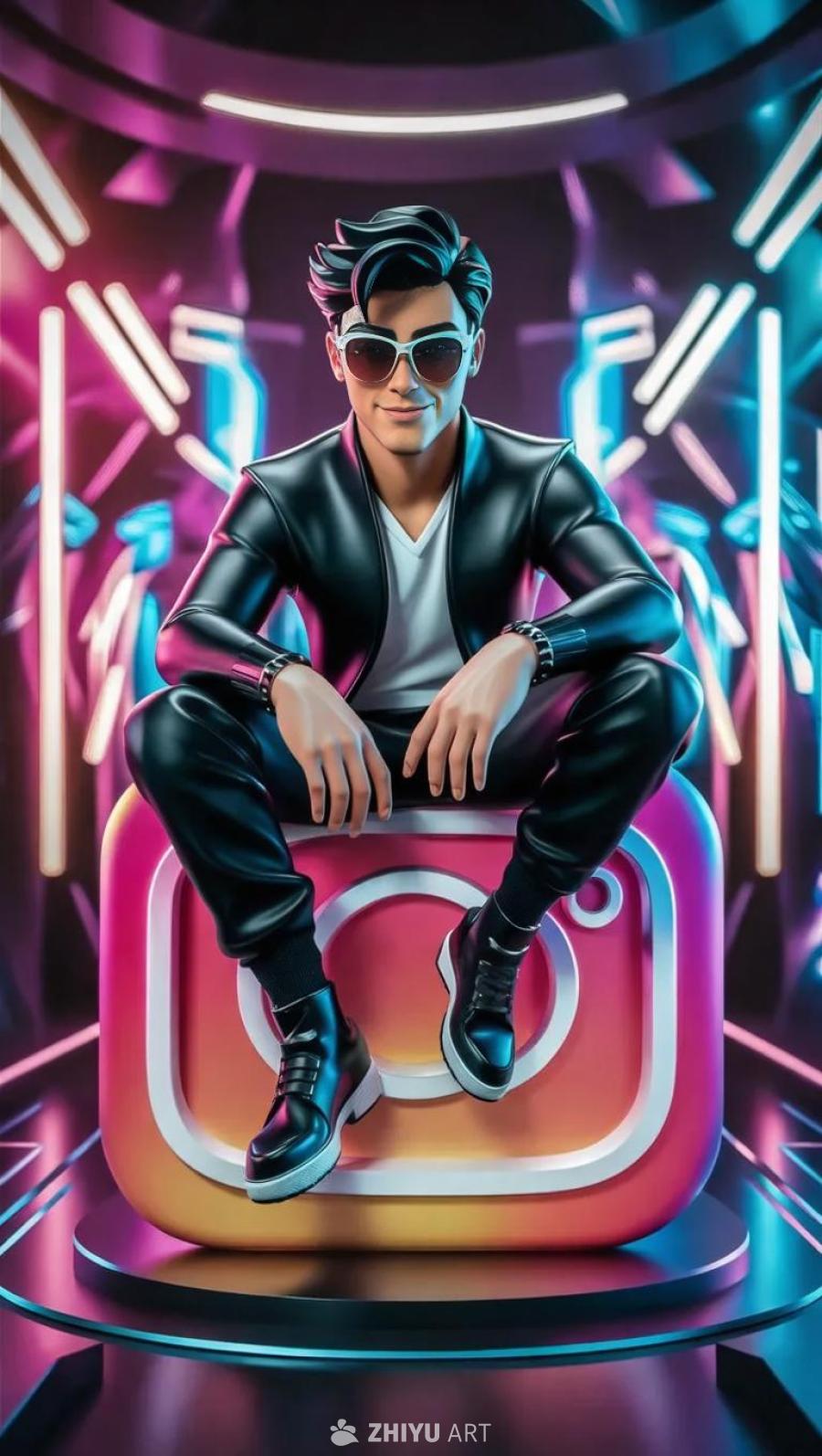 一个穿着黑色外套和白色雷朋太阳镜的动画男性角色坐在
