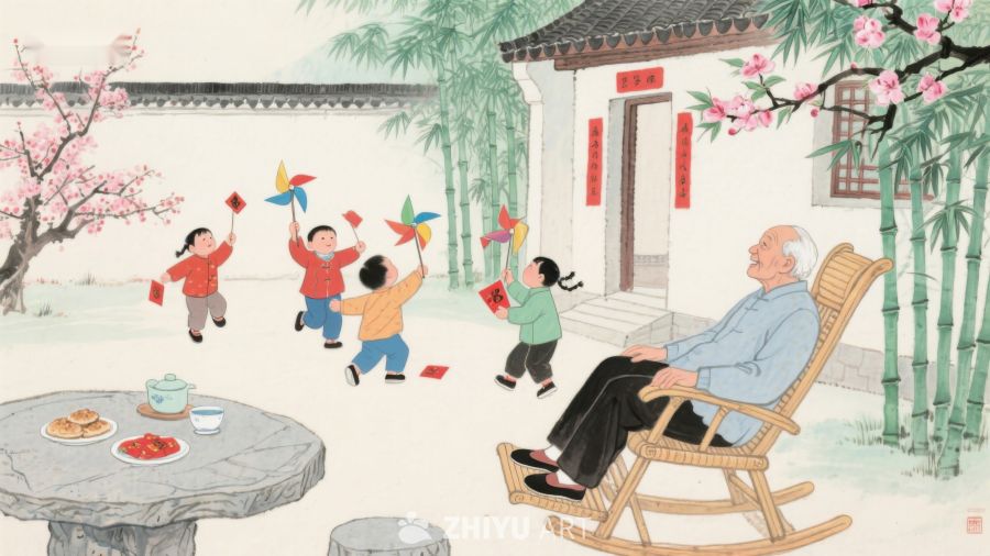 庭院中老人与孩童嬉戏 857