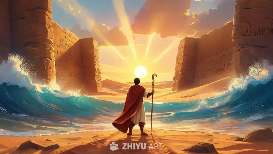 一位身穿白色长袍和红色披风的男子，手持权杖站在海边