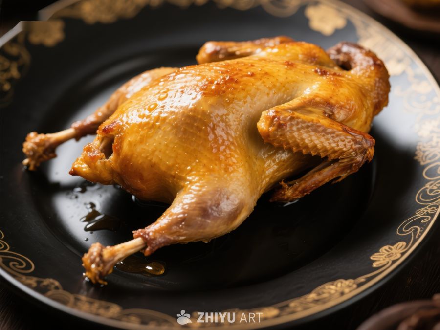 烤鸭金黄诱人，置于黑色盘中