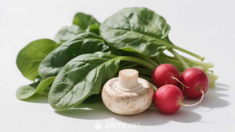 新鲜蔬菜组合：菠菜、蘑菇与樱桃萝卜