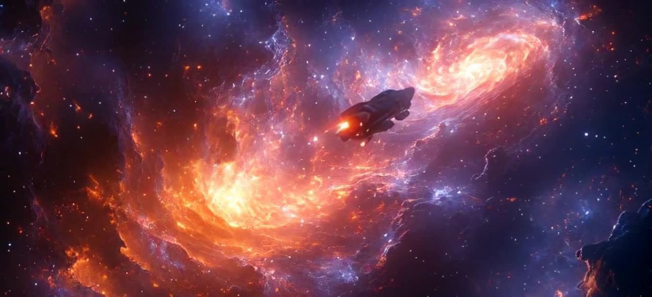 宇宙飞船穿梭绚丽星云：星际航行冒险之旅
