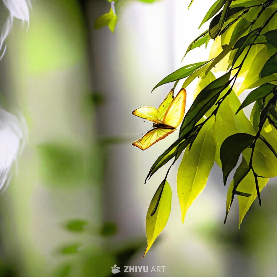 壁纸以鲜艳的绿色为主色调，特写展示了一棵树的树枝和