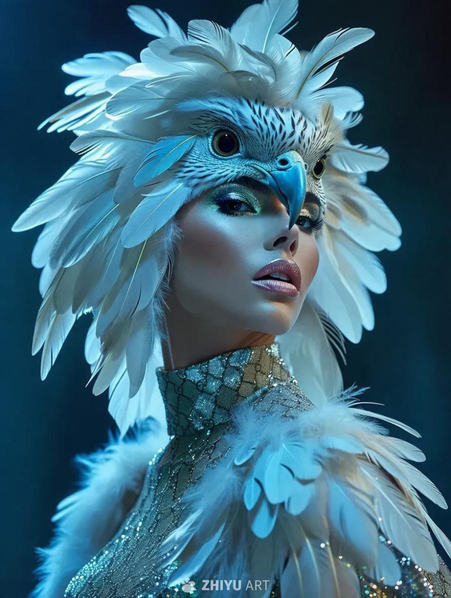 一个女性和鸟类混合的生物的迷人全息图，体现了Vog