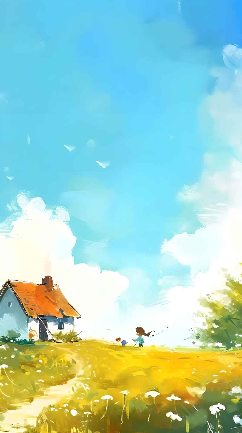 田野里有房子的女孩肖像插画 20