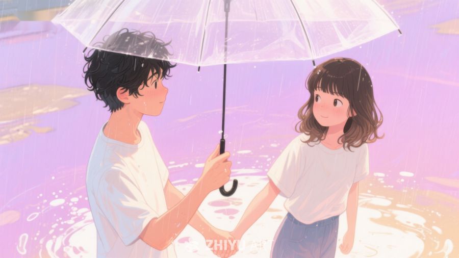 雨中伞下，两人相视而立 654