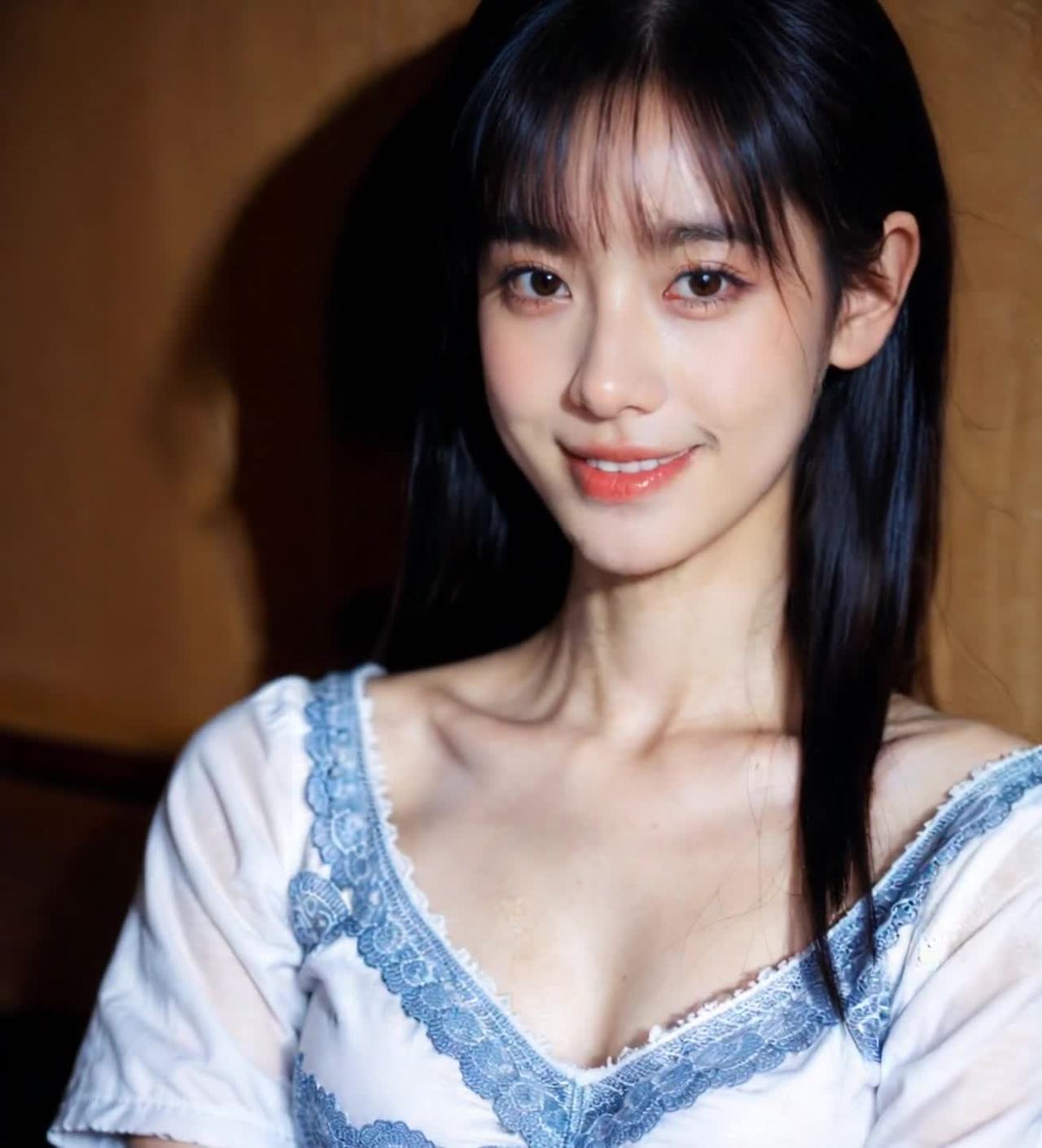 黑长直发美女特写，白色蕾丝上衣，眼神清澈。