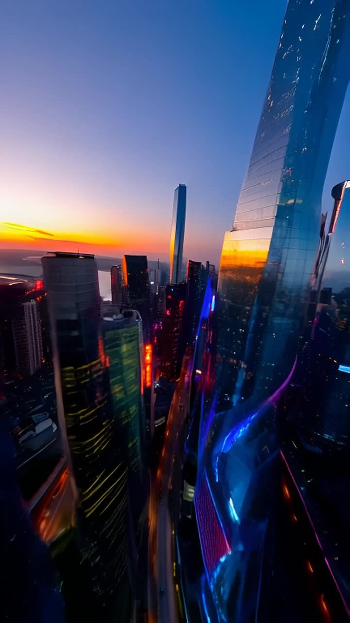 夜幕降临时分，从高处俯瞰未来感十足的城市天际线。高