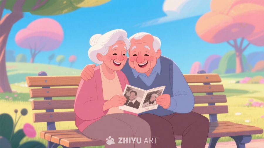 老年夫妇公园长椅上共赏照片 222